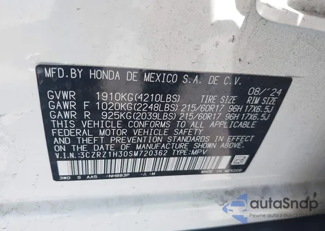 2025 Honda Hr-V 2Wd Lx из США, поврежденный, VIN 3CZRZ1H30SM720362